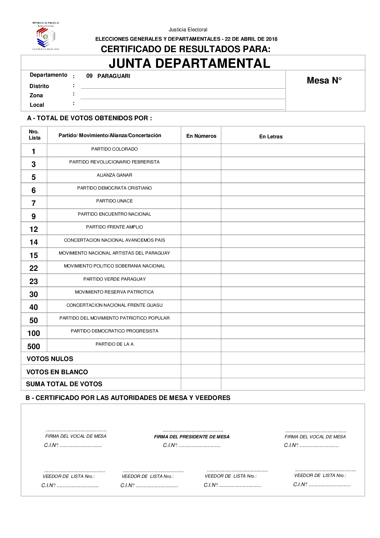 Certificado de Resultados Para JUNTA DEPARTAMENTAL DE PARAGUARI